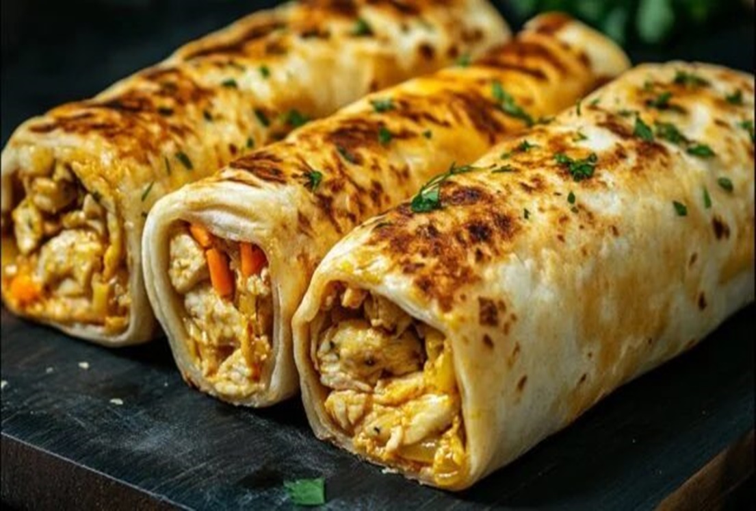 Tortilla crocantă umplută cu brânză delicioasă, cu pui suculent, legume colorate și o umplutură delicată, cremoasă